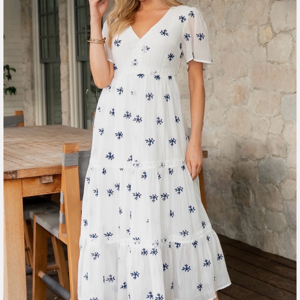 Baltic Born White Dress with Blue Floral Design
